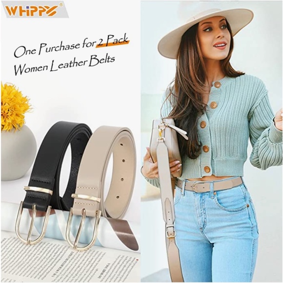 2 Pack Women\'s Leather Belts for Jeans Pants Fashion Gold Buckle Ladies Dress Be main image 5